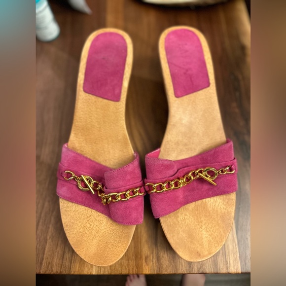 Vintage Ralph Lauren - Y2K pink suede wooden slip on sandals -SZ 10 - Picture 2 of 6
